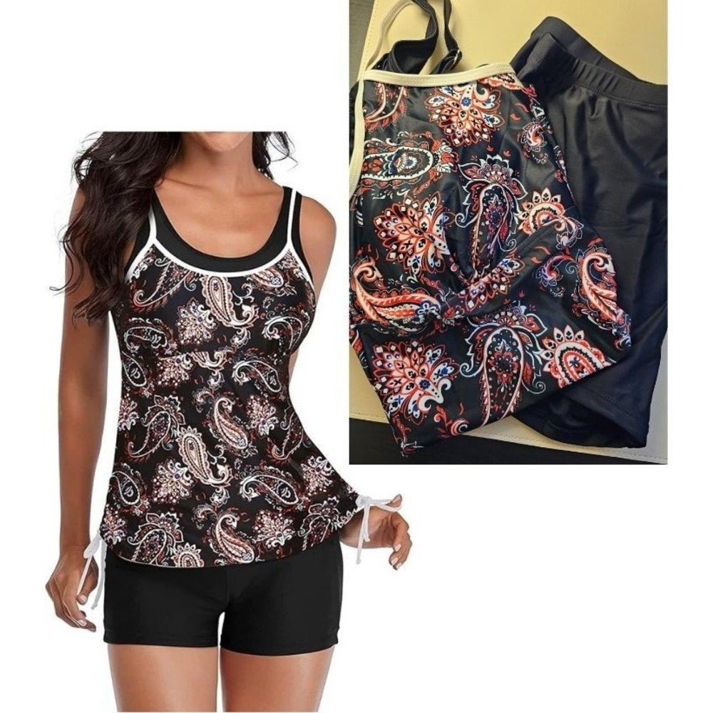 Yonique Tankini Swimsuit XXL Womens 2 Piece Slimming Shorts Paisley Black